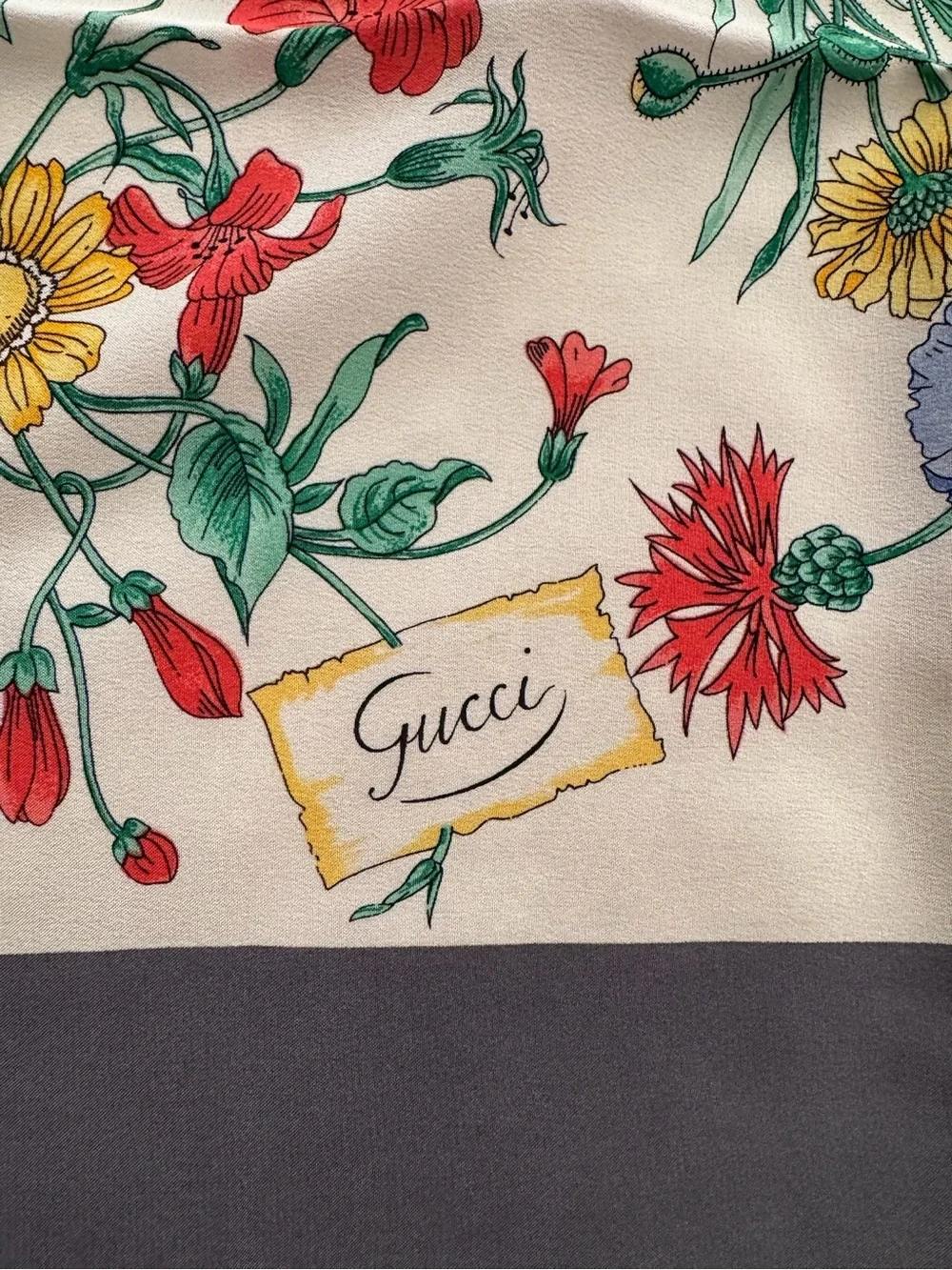 Vintage Gucci Floral Silk Scarf with Navy Border